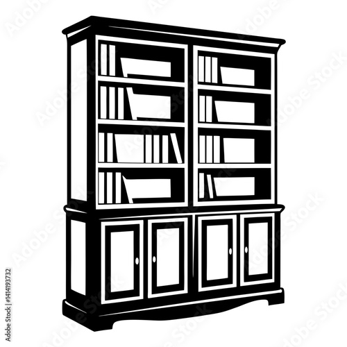 Detailed Illustration of a Black and White Bookcase with Cabinet Doors