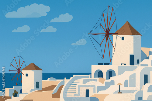 Traditional Windmill and Whitewashed Buildings in Santorini, Greece