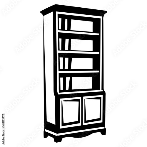 Monochromatic Bookcase Illustration with Four Shelves and Two Cabinet Doors