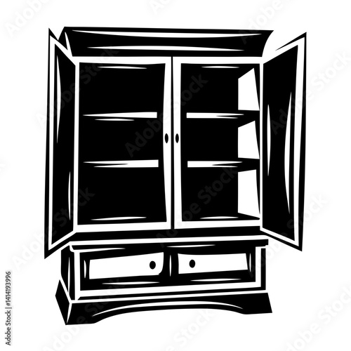 Elegant and minimalist black and white vector illustration of an open cupboard