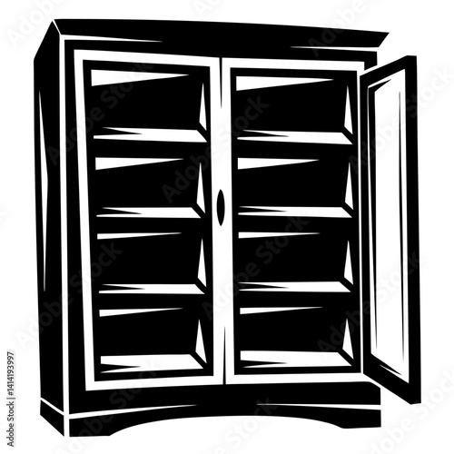 Stylized Black and White Illustration of a Cupboard Cabinet with Open Doors