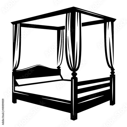Illustration of a classic four poster bed with flowing fabric curtains