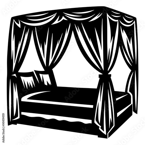 Majestic canopy bed with elegant drapes in monochrome vector illustration