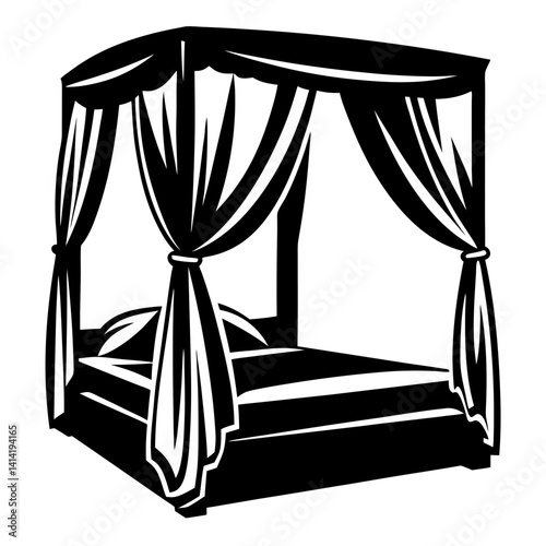 Elegant black and white drawing of a four poster canopy bed