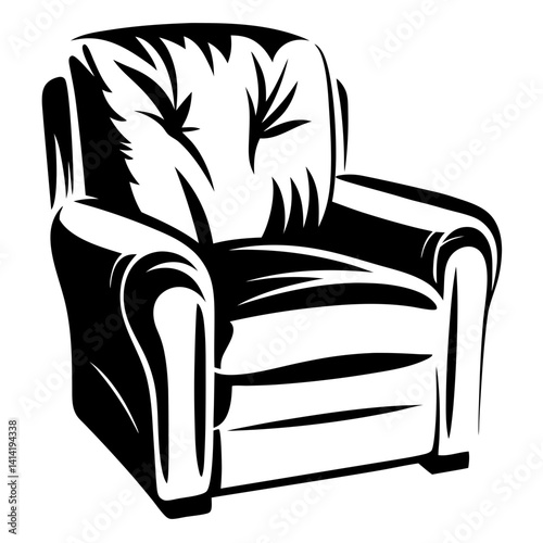 Stylized black and white illustration of a comfortable upholstered armchair design