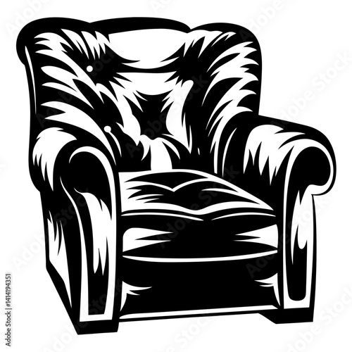 Black and white vector image of a comfortable armchair with cushions