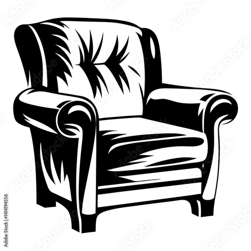 Black and white illustration of a comfortable armchair with a luxurious feel