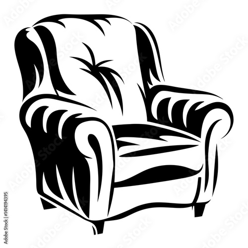 Striking black and white illustration of a plush and comfortable armchair