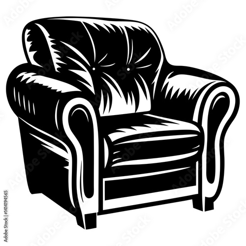 Black and white illustration of an overstuffed armchair with luxurious cushions