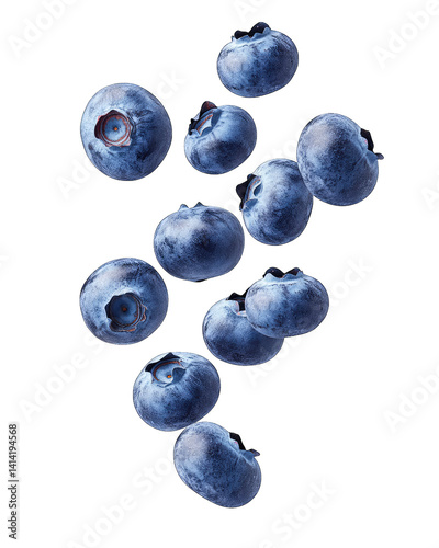 fresh blueberries floating against a white background showcasing their vibrant color and round shape ideal for illustrating healthy eating or culinary uses