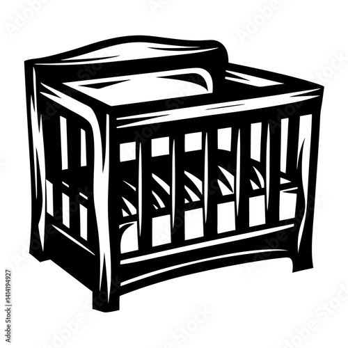 Monochrome vector illustration of a baby crib with a changing table attachment