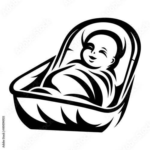 Stylized black and white vector image of a baby in a bassinet