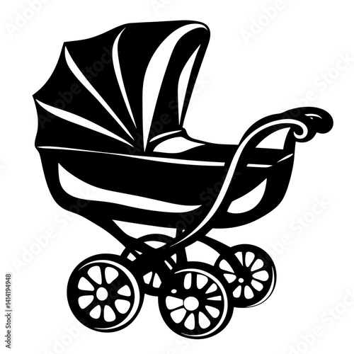 Monochrome depiction of a vintage style baby carriage with intricate details