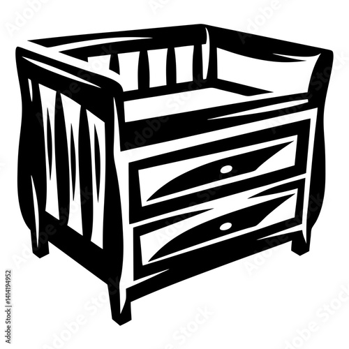 Black and white abstract artistic woodcut style baby crib changing table