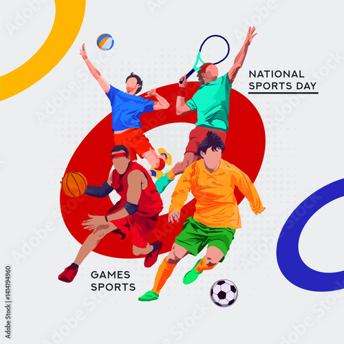 Colorful sports vector illustration showing multiple athletes including soccer, basketball, and badminton players. Great for celebrating National Sports Day or promoting fitness and teamwork