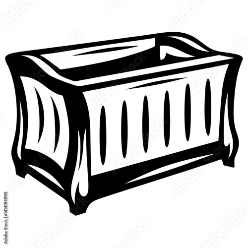 Stylized black and white illustration of a baby crib with rounded edges