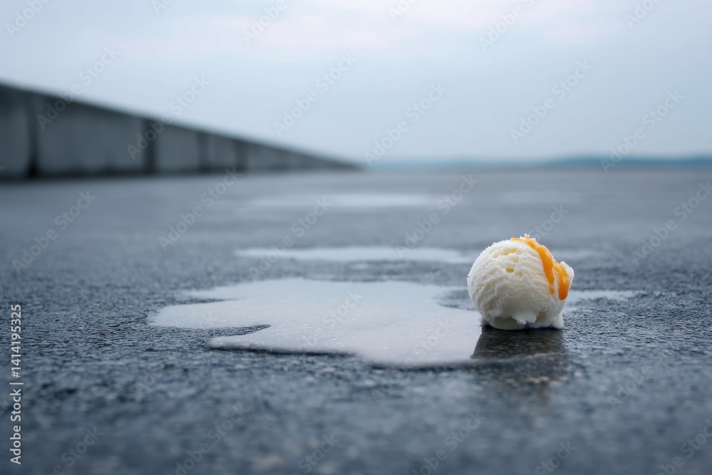 Obraz premium Melting Ice Cream on Concrete A dropped scoop of bright ice cream melting slowly under a dull sky, evoking quiet loss.
