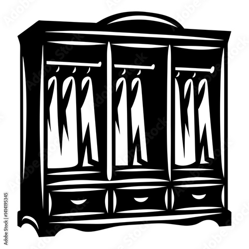 Vector illustration of a wardrobe with clothing, storage, and drawer space