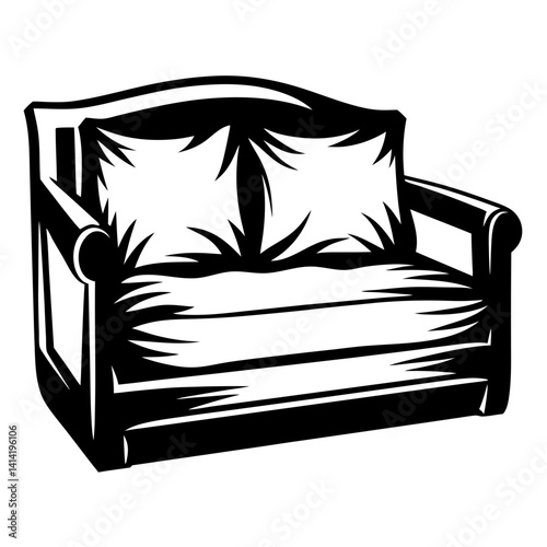 Monochromatic vector illustration of a comfortable couch with soft throw pillows