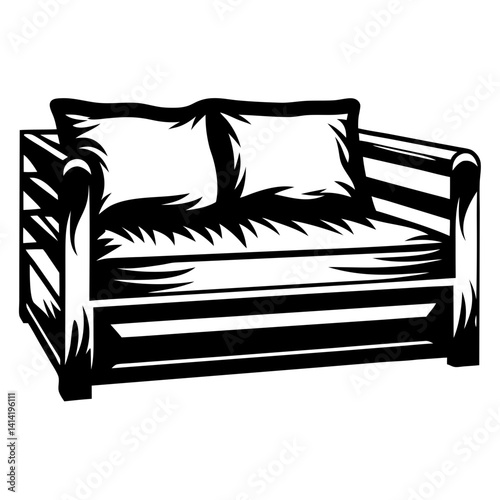 Stylized Black and White Illustration of a Two Cushion Sofa with Pillows