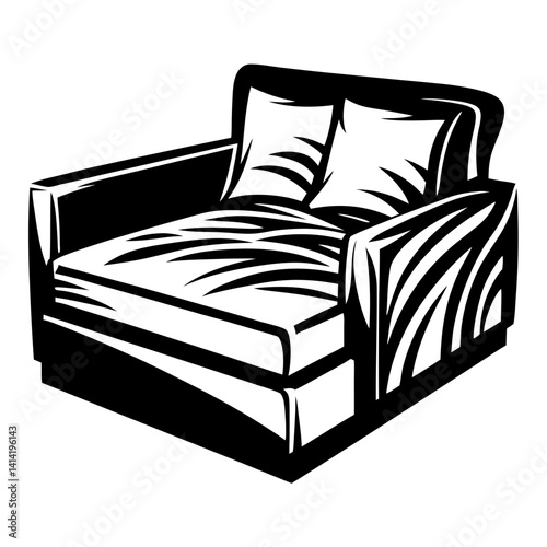 Black and white illustration of a modern, comfortable couch with pillows