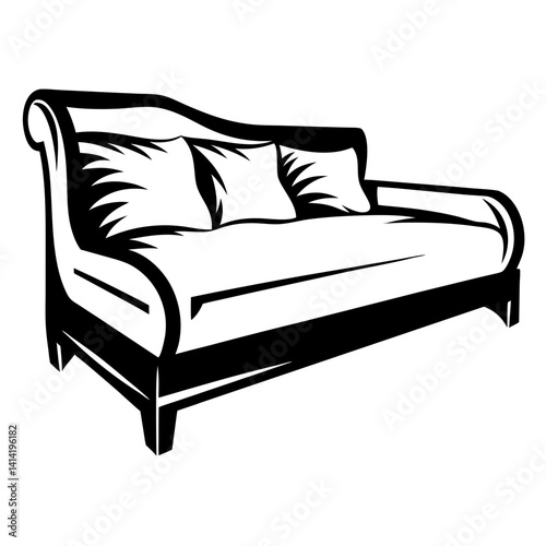 Elegant Chaise Lounge Silhouette Illustration with Decorative Pillows and Bold Outlines