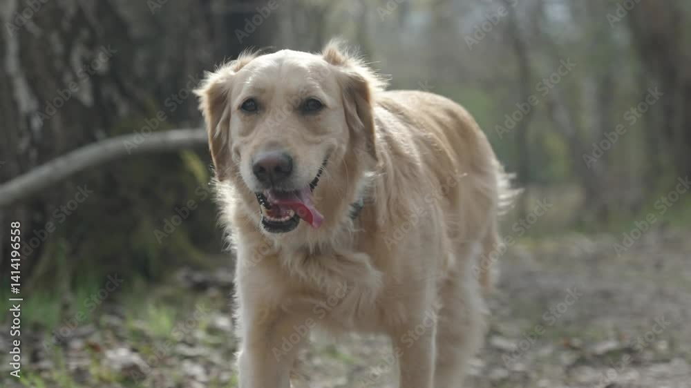 Golden Retriever exploring a sunlit forest path with joyful expression and relaxed gait. nature, loyalty, and companionship Golden Retriever exploring a sunlit forest path with joyful expression and relaxed gait. nature, loyalty, and companionship
