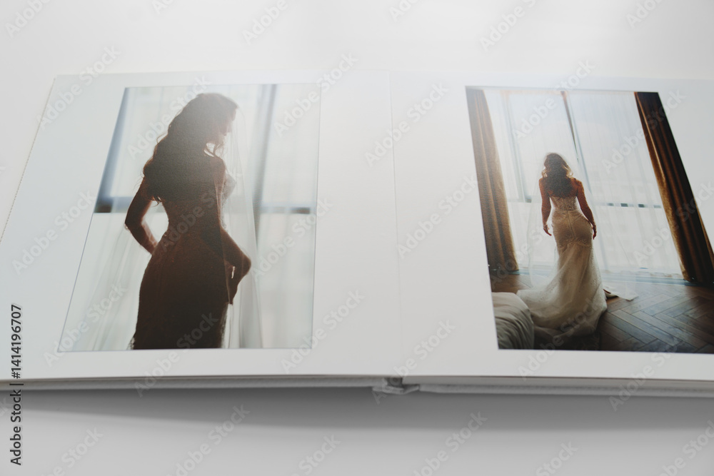the pages of a photo book with wedding photos.