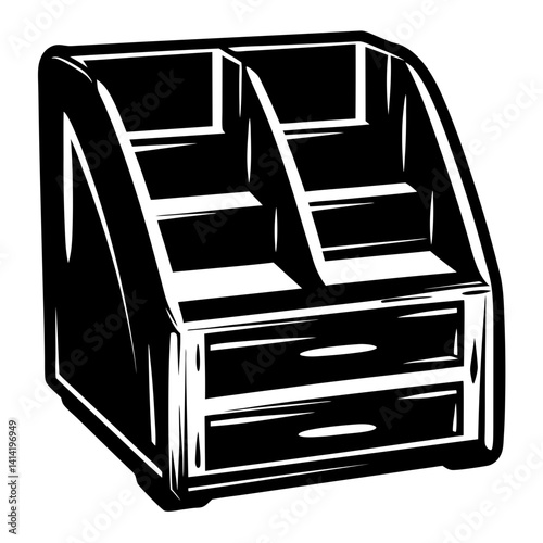 Stylized monochrome illustration of a desktop organizer with drawers and compartments