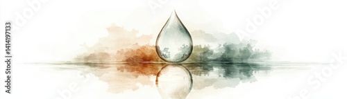 A serene watercolor illustration of a water droplet reflecting on a calm surface, surrounded by soft, muted colors.