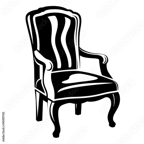 High back armchair with curved legs and armrests in black and white