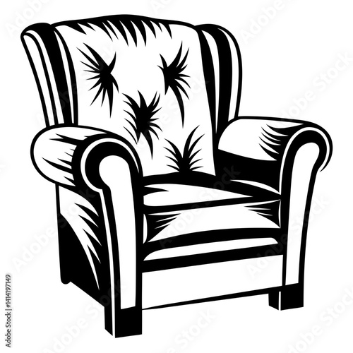 Elegant Wingback Armchair with Decorative Back, a Timeless Piece in Black and White