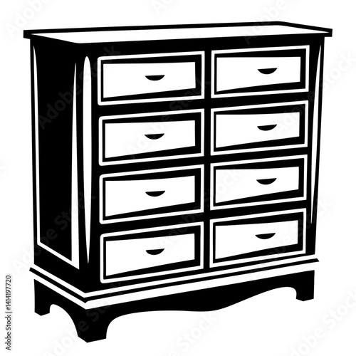 Detailed black and white illustration of a vintage wooden dresser with drawers