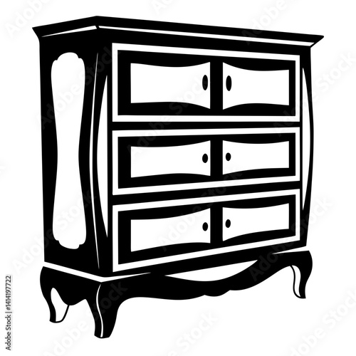 Stylized Black and White Illustration of an Antique Chest of Drawers