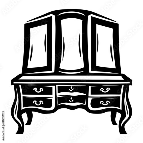 Elegant Antique Dressing Table with TriFold Mirror in Black and White