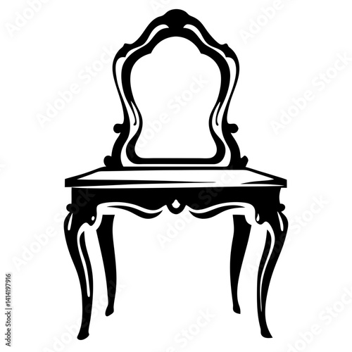 Intricate black and white drawing of an antique vanity with mirror
