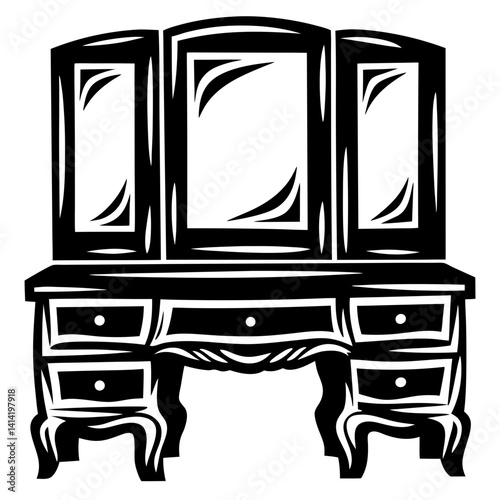Black and white vanity with three mirrors and multiple drawers