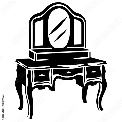 Elegant Antique Vanity with Mirror Black and White Vector Illustration