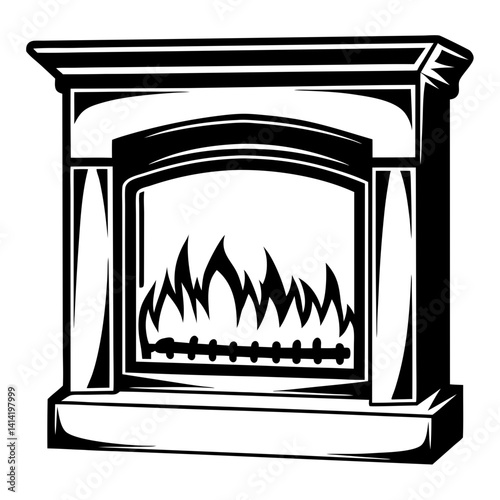 Stylized Black and White Fireplace Illustration Featuring Flames and Logs