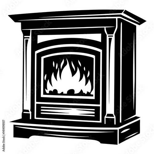 Black and white vector illustration of a fireplace with a blazing fire
