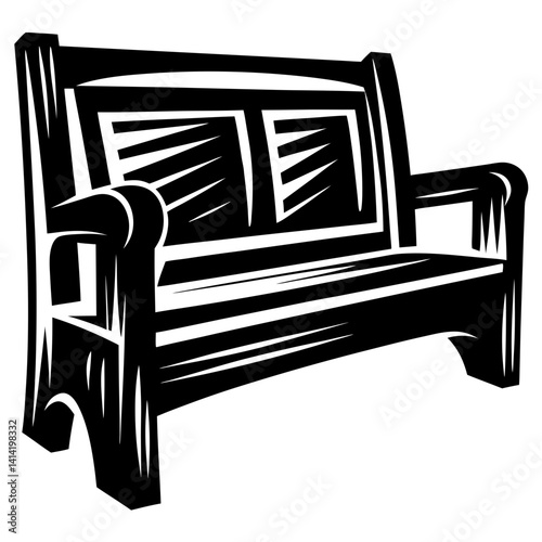 Graphic illustration of a black wooden park bench with armrests and back