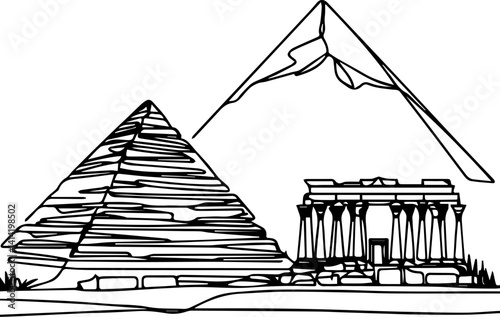Ancient Egypt Drawing with Pyramids and Temple in Black and White  