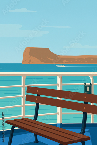 Seaside Bench View with Cliff and Boat