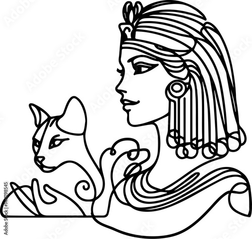Ancient Egyptian Queen with Cat and Snake in Minimalist Line Art  