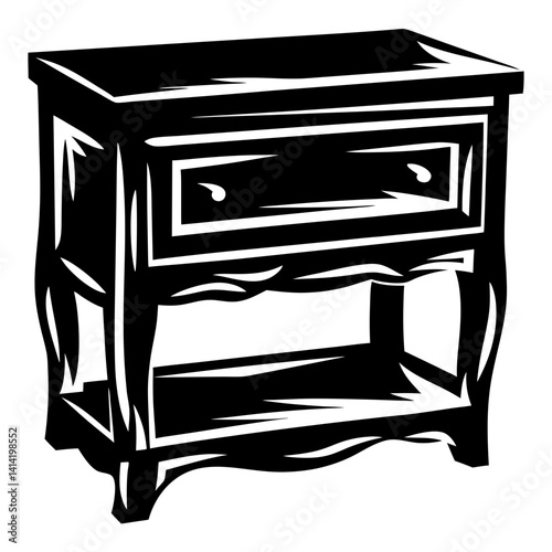 Monochrome nightstand with drawer and shelf, a stylized illustration of furniture