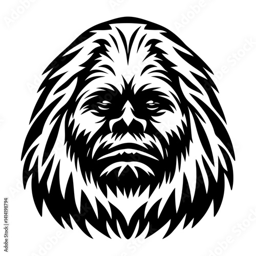 Stylized Black and White Vector Illustration of a Bigfoot or Sasquatch Face