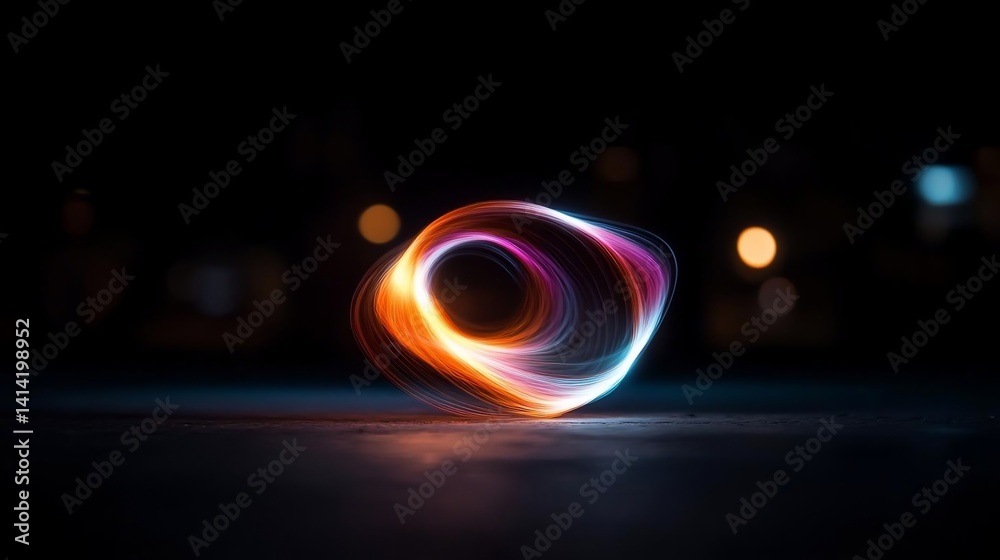 Abstract light trails forming a glowing orb against a dark background with bokeh lights creating a dynamic visual effect
