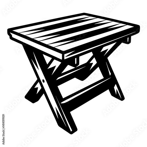 Black and white drawing of a wooden folding stool or table