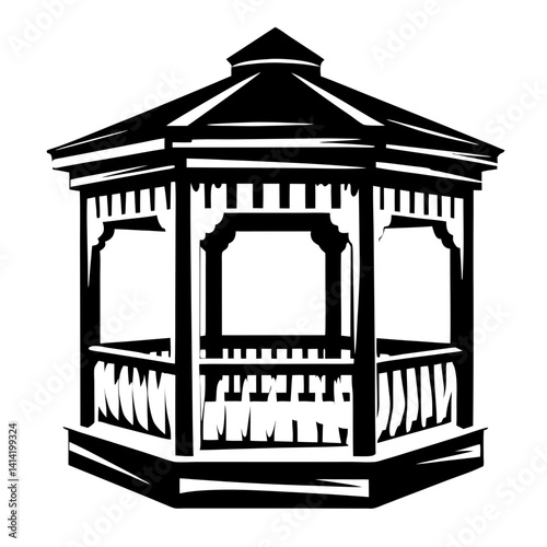Stylized monochromatic gazebo illustration with intricate details and bold graphic design