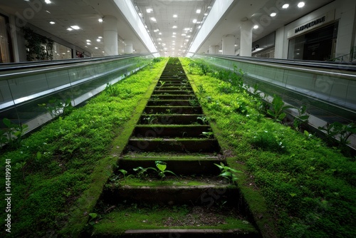 Mossy Escalator in Shopping Mall A once-bustling shopping center escalator now still and overtaken by thick moss  with plants sprouting from every crevice.